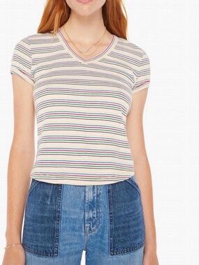 MOTHER The Itty Bitty Throwback Tee Rainbow Stripe V-Neck Large